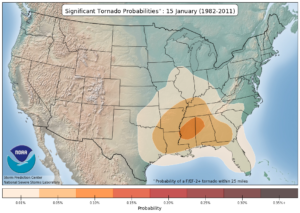 The darkest shading indicates that, historically, there is only a one-tenth of one percent chance of a significant tornado occurring within 25 miles of a given point.----NOAA/SPC/NSSL graphic.