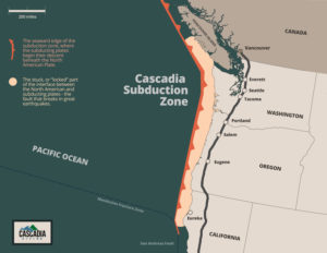 The Cascadia Subduction Zone off the coast of North America spans from northern California to southern British Columbia. This subduction zone can produce earthquakes as large as magnitude 9 and corresponding tsunamis.